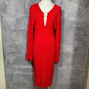 Derek Heart Sweater Dress Womens 3X Red Ribbed Knit Ring‎ Detail V-Neck Midi